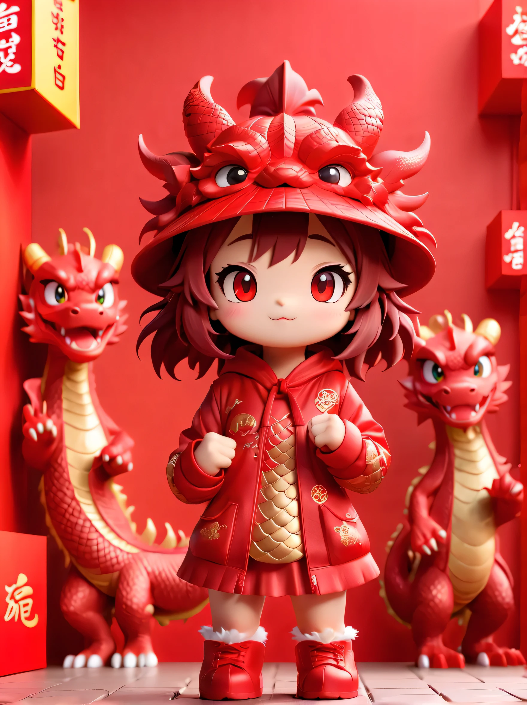 Super cute girl wearing a Chinese dragon hat, hands in fists, greeting the audience, bright eyes, red wall, Pop Mart blind box, 3D rendering, furry