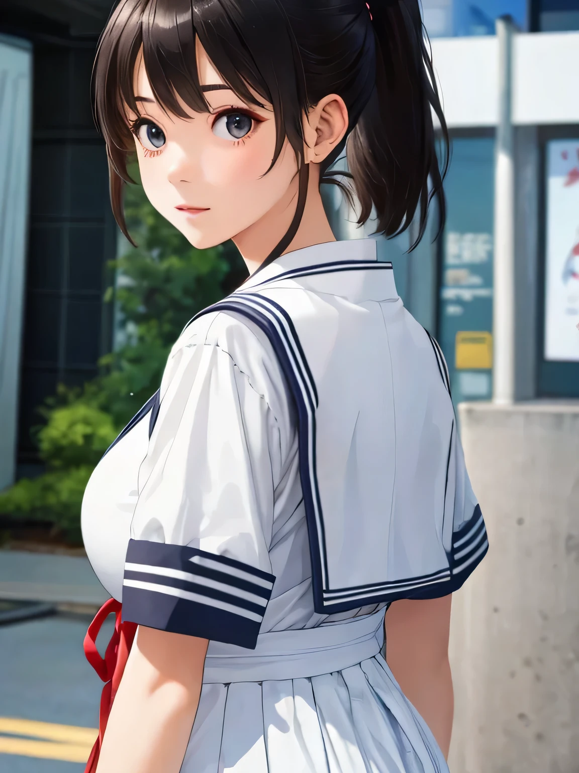 highest quality,High resolution, 8K, cute  girl,Cute ponytail,perfect skin,big breasts,japanese sailor suit、Super close-up of the sexy nape from directly behind、Close-up of the nape from directly behind