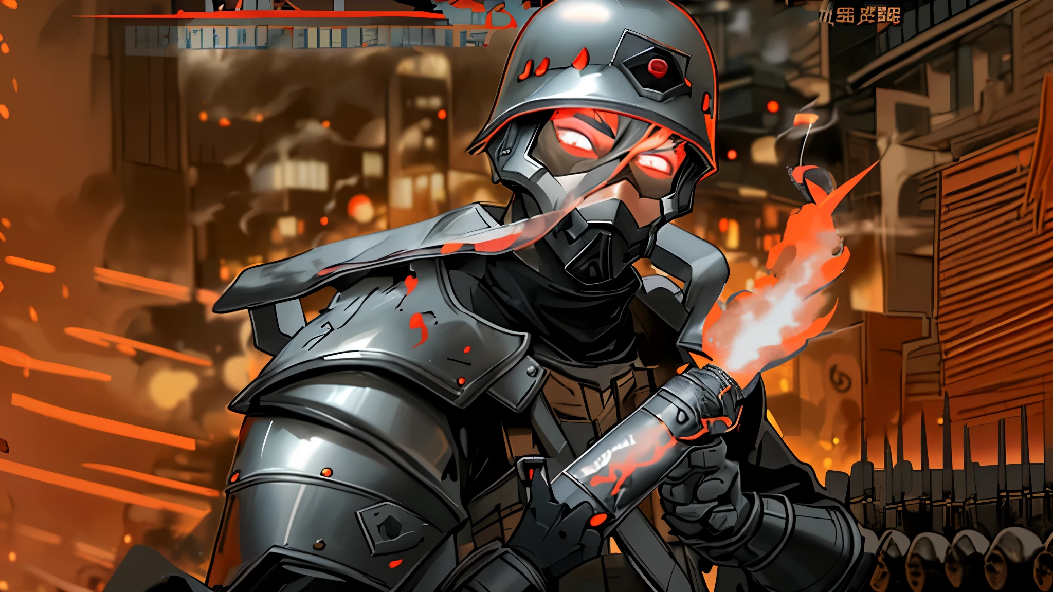 anime style，A soldier wearing steel armor，Wearing a steel helmet，The mirror reflects the flames，，Hand holding Molotov cocktail，燃烧的City背景，moscow，close up，City，evening，cloudy day，karo，smoke of gunpowder，Red and black appear as the main tone of the picture