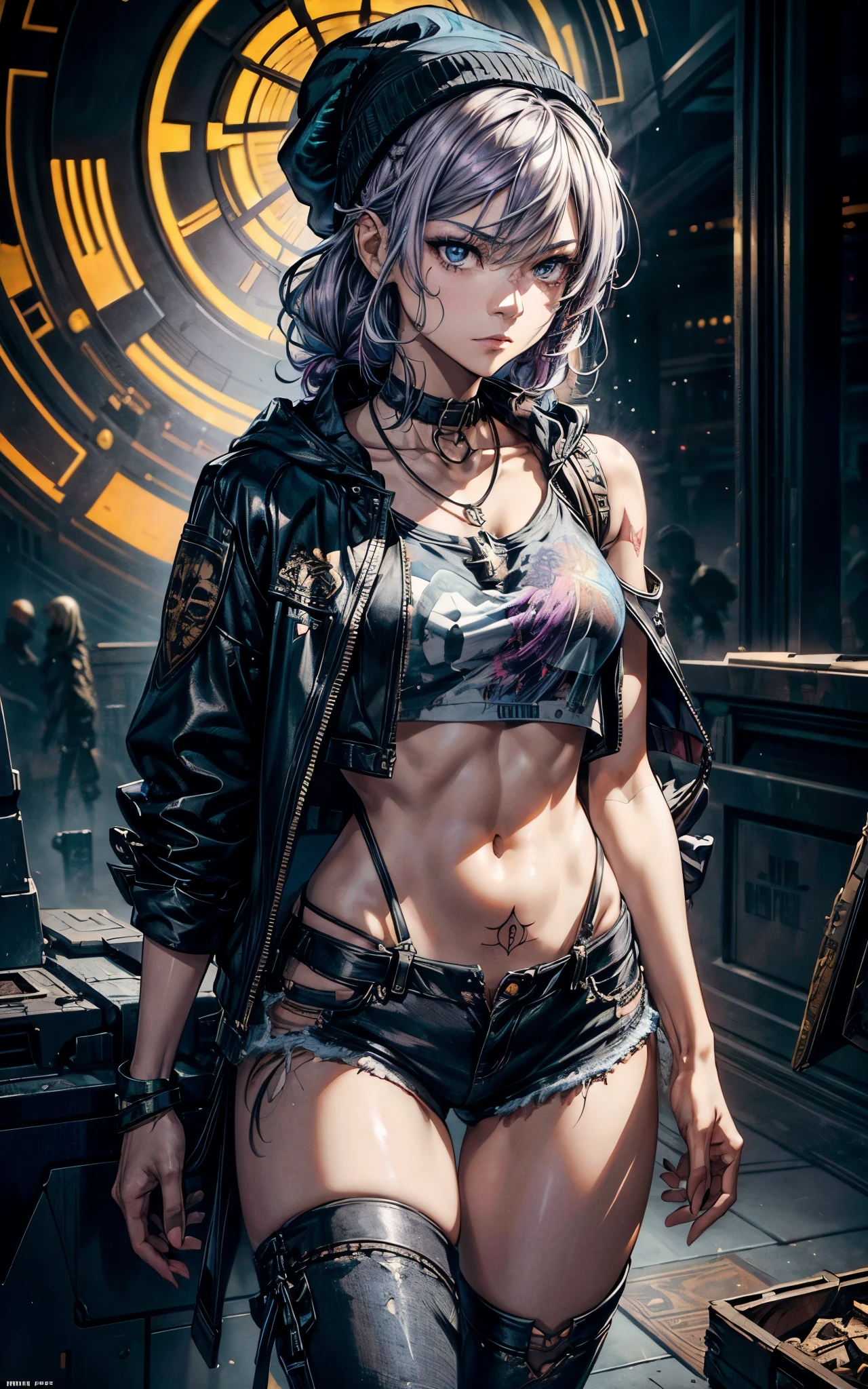 (zendaya), at the the Grand Central Terminal, cinematic, medium shot, whole head in frame, detailed face, detailed eyes, evening, punk aesthetic, pale blue ripped jeans, braces, suspenders, black boots, white shirt, skull, heart, necklace, chain, bullets, black leather jacket, dark blue beanie, tattoo sleeve, right arm, intricate design, flowers, yellowed skull, dyed hair, light purple roots, blue ends, navy T-shirt, rock, chick, messy hair, Full body, Beautiful anime waifu style girl,hyperdetailed painting, luminism, art by Carne Griffiths and Wadim Kashin concept art, dark background, abstract beauty, approaching perfection, pure form, golden ratio, minimalistic, dark atmosphere, unfinished, concept art, by Brian Froud and Carne Griffiths and Wadim Kashin and John William Waterhouse, intricate details, 8k post production, high resolution, hyperdetailed, trending on artstation, sharp focus, studio photo, intricate details, highly detailed, by greg rutkowski