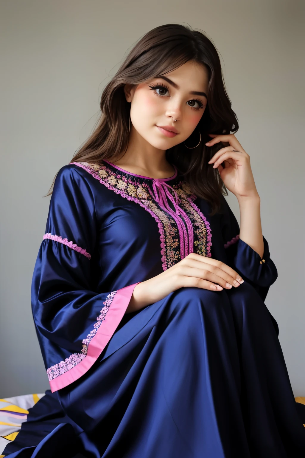 beautiful-looking girl, wearing beautiful cloth , looking into views, simple one colour background