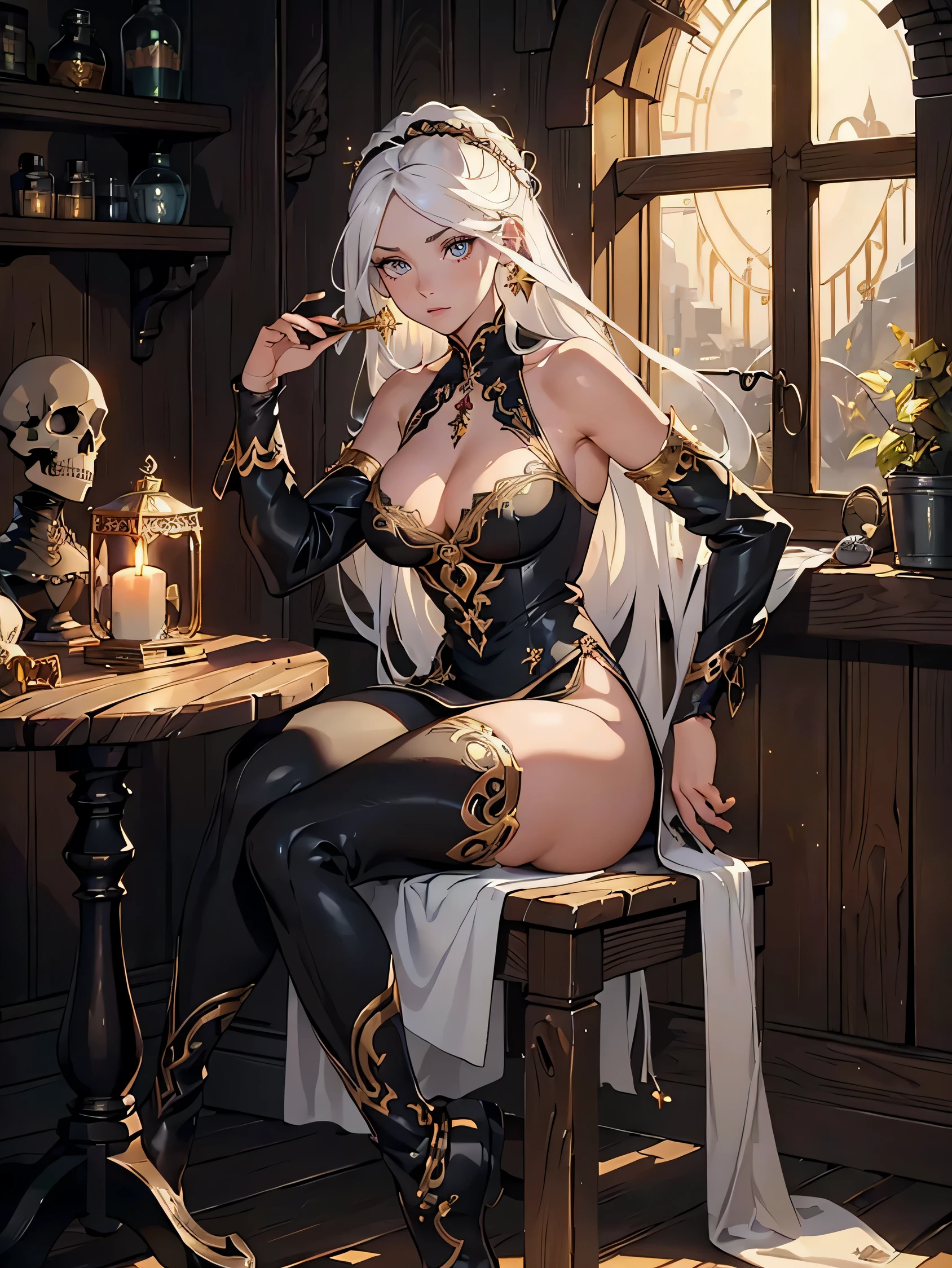 masterpiece, high quality, illustration, extremely detailed, 1_women, (full body), sitting, sitting in chair, hand on chin, (exotic skin_complexion:1.4),mature, statuesque, beautiful, exotic, curious express, nsfw, busty, chest window, ((cleavage)), and halter dress, black ((diaphanous sparkling dress)) with gold trim, black knee_high boots, white embroidery elbow gloves, long hair, white hair, realistic and detailed face having ((hazel_eyes)), ((dark_eyeliner)), long_eyelashes, dynamic lighting casts detailed shadows, rustic room, wooden table, crystal ball, rustic gypsy hut, candles, candle light, clocks on walls, skulls, potions, curtains, colored smoke in the air,