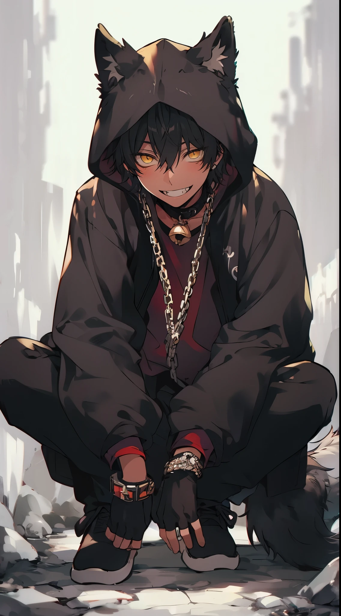 Beautiful young man, brown skin, black hair, yellow eyes, wears hood with wolf ears, black clothes, chain, crouching, smiles showing fangs,high quality, amount of drawing, pixiv illustration