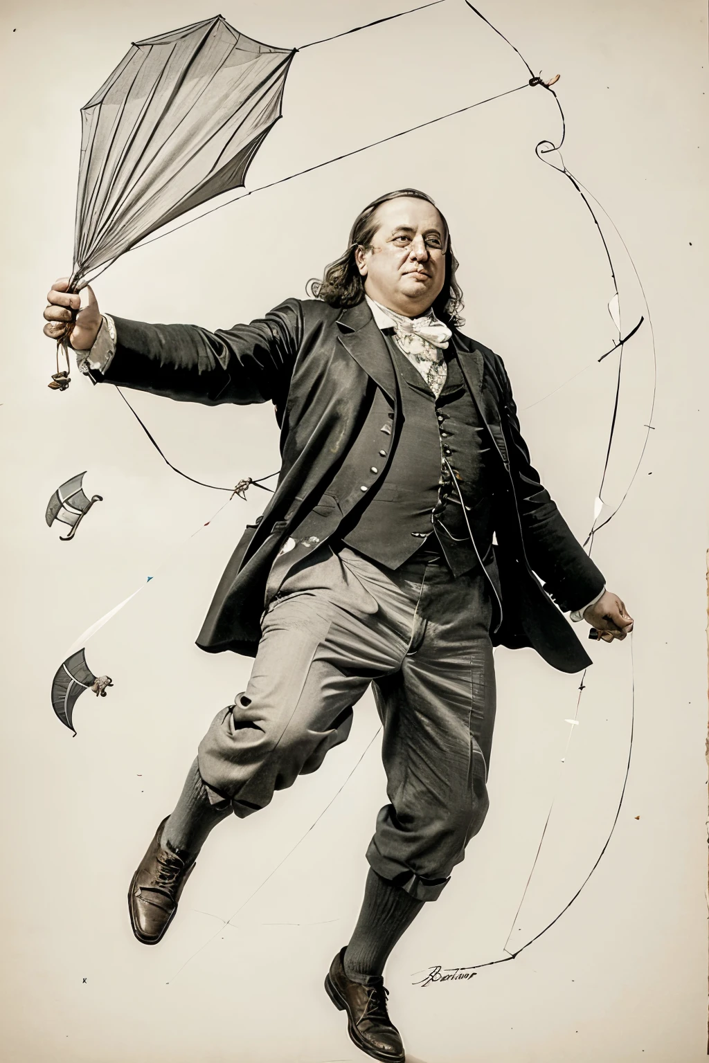 drawing of a man flying a kite, inspired by Benjamin Franklin ,fat