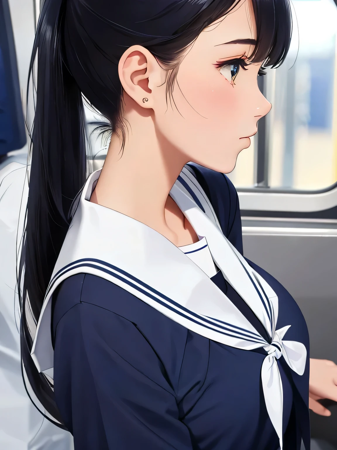 highest quality,High resolution, 8K, cute girl,Cute ponytail,perfect skin,big breasts,(navy blue sailor uniform)、(white sailor collar)、Super close-up of the sexy nape from directly behind、Close-up of the nape from directly behind、In a crowded train