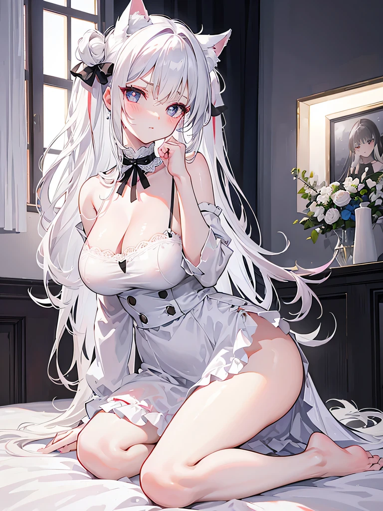 big breasts,Wearing maid outfit,blush, surprise,look at me,red pupils,Lace tights,beautiful hair、 beautiful eyes、 beautiful skin、beautiful legs、beautiful arms、perfect fingers、 very cute,white hair, long hair,white cat ears, white cat tail,best quality,high resolution,top quality、 looking at the audience,sitting,kneeling&Place on the bed,Knees together,internal figure eight,pink bows,slender eyebrows,hair slightly moist,On a very large white bed, white pillows,perfect waist,Skirt has cutouts at the end,Pouting,The clothes are a little wet,,very young,18 years old,shy smile,Long messy white hair tied up,tempting pose,chiaroscuro,bare shoulders,Naked room,slit sleeves,There are a few drops of water on the breast,bare legs,barefoot,Ray tracing,disdainful expression,Lift up the skirt a little,Beautiful girl alone,The breasts are mostly bare,There is a black tie around his neck