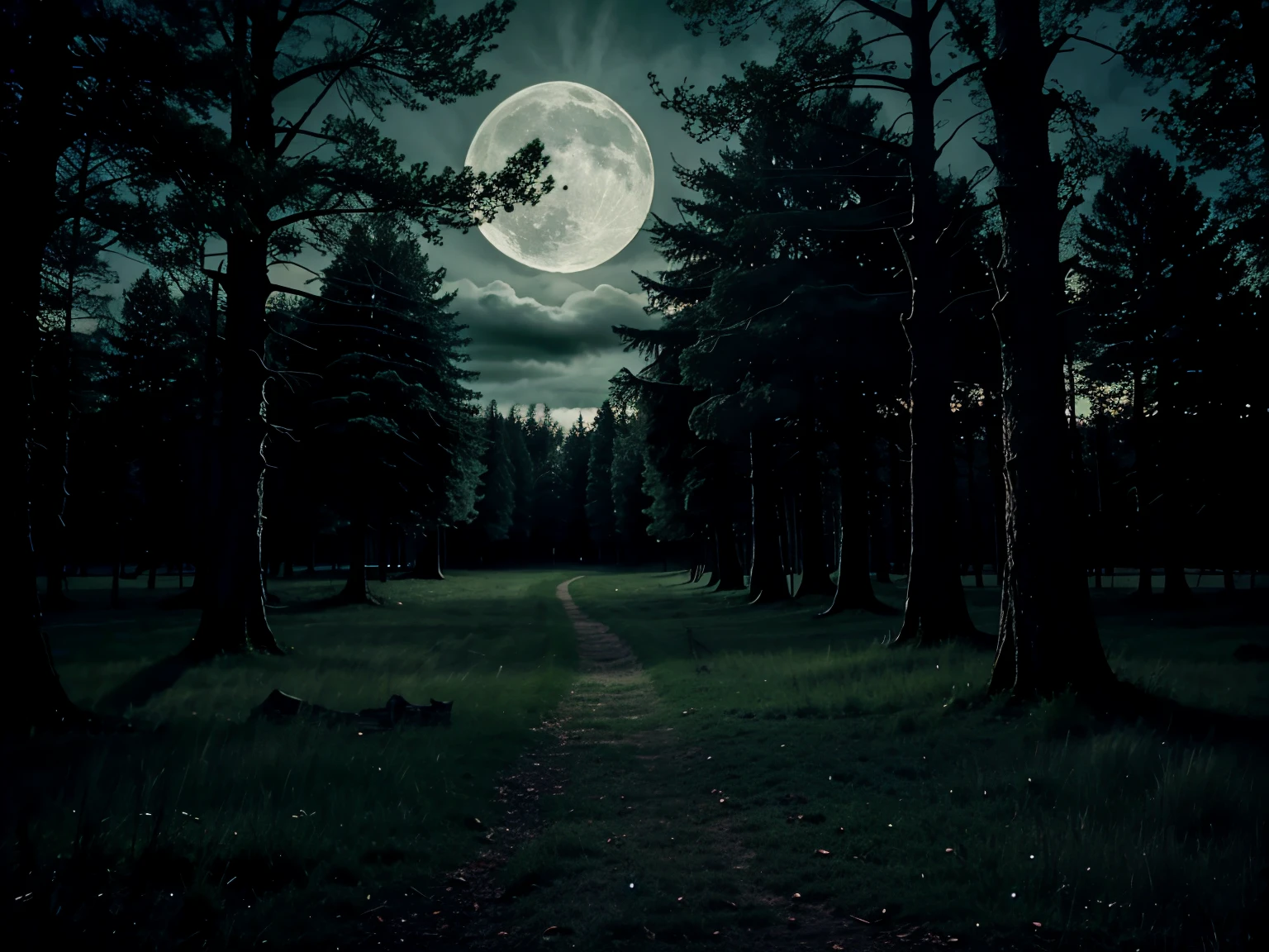 Hyperrealistic spooky style forest setting, moonlight clouds