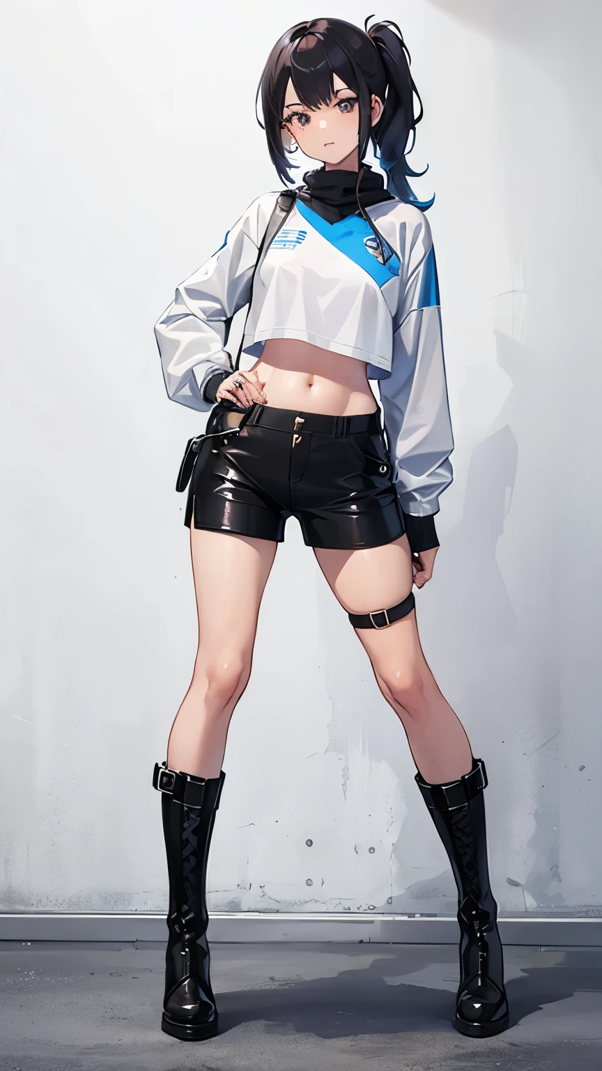 Cool girl, belly button exposed, thin legs, calf-length socks, boots