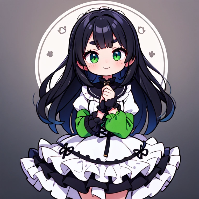 black hair cat eyes Eyes are green clothes are silver Idol Eyebrows parallel hair is long 1 person whole body smile