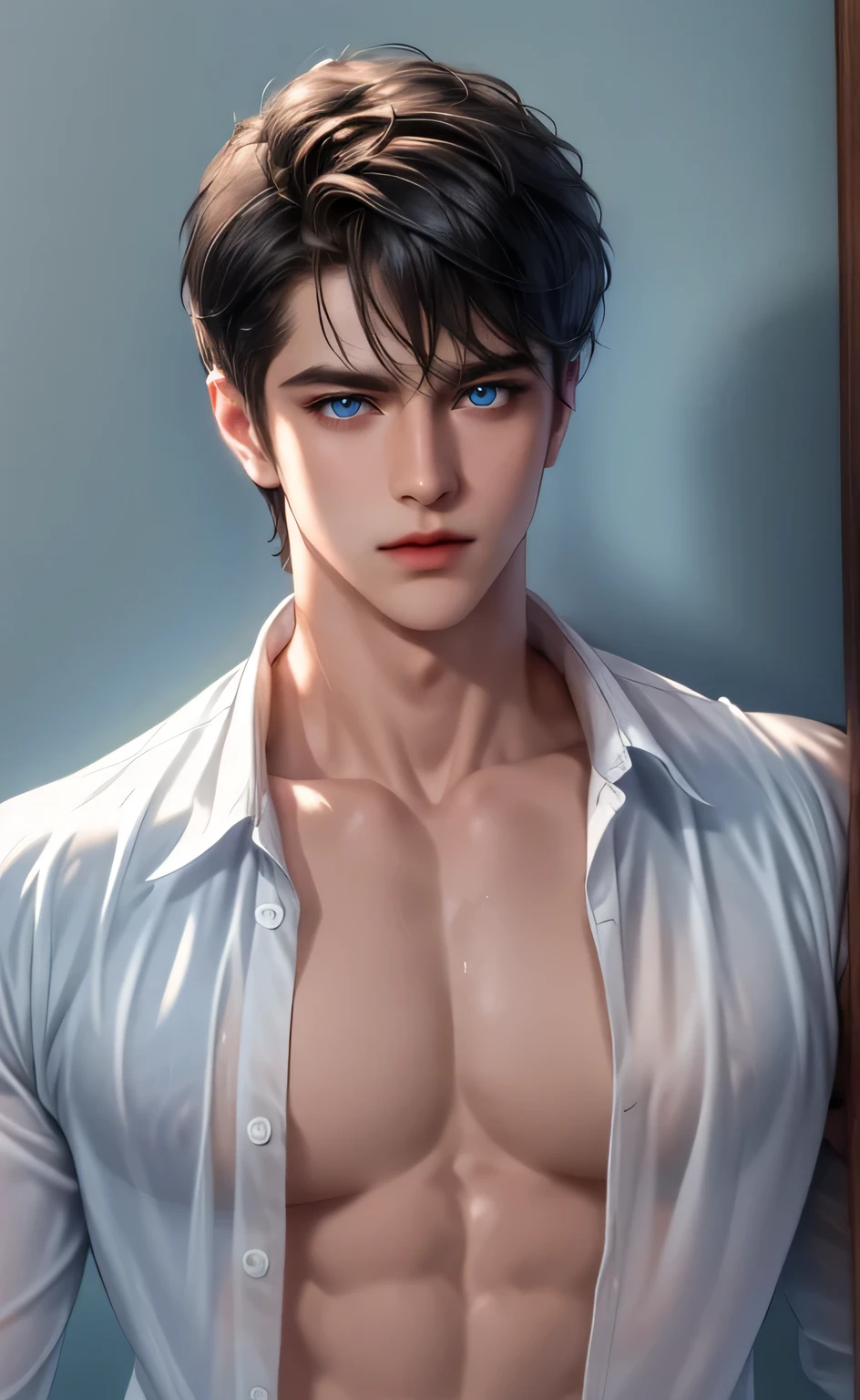 (masterpiece,best quality,ultra_detailed,highres,absurdres),1 mature male, 30-ish, (wide shoulder), ((no chest hair)), male focus, solo, short black Quiff hair with Soft Fringe (bangs part on side 3:7 ratio), simple background, blue eyes, upper body, short hair, looking at viewer, parted lips, round eyewear, wet hair, open  shirt, long sleeves, showing a bit of muscles, bedroom background.