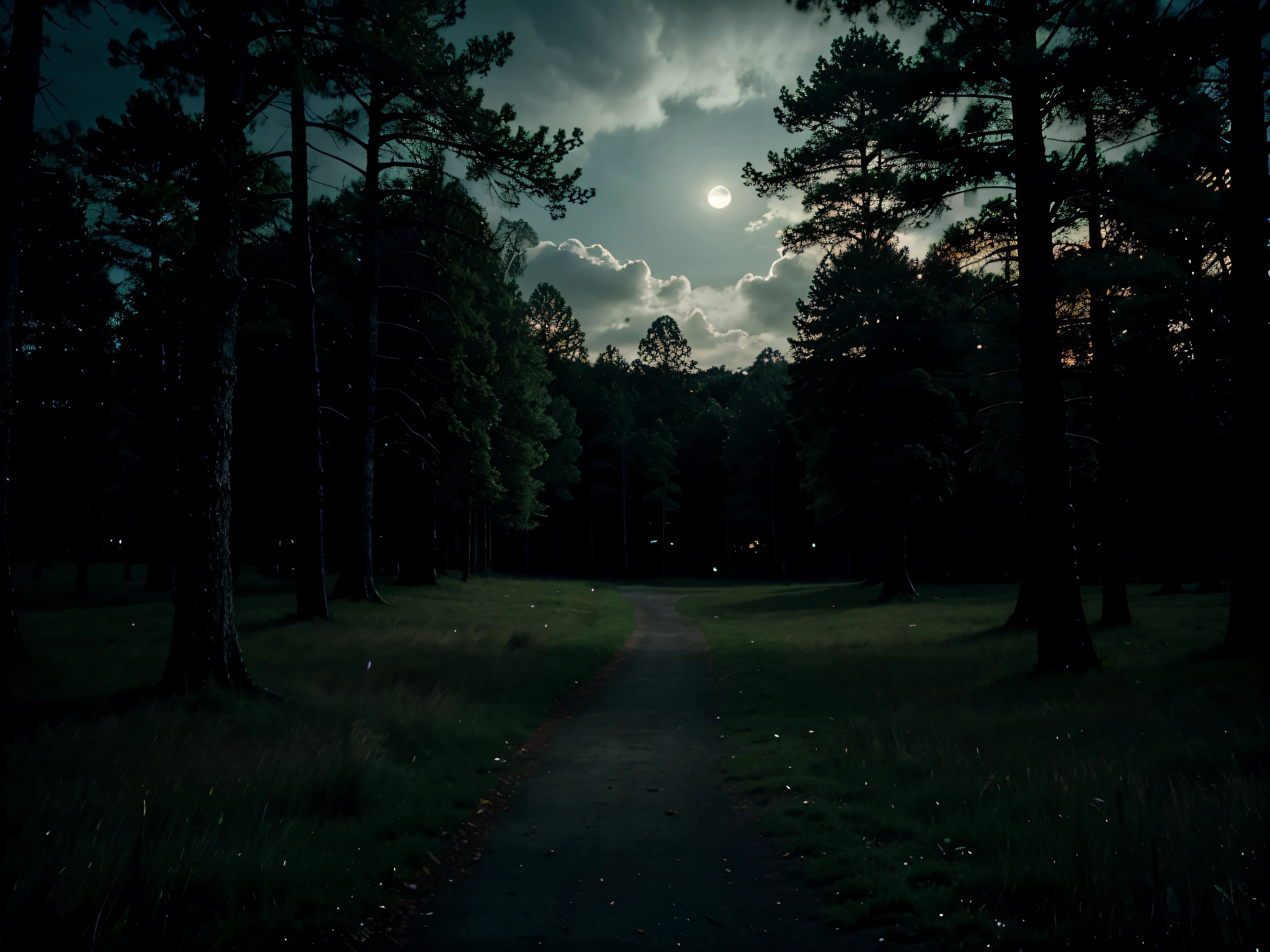 Hyperrealistic spooky style forest setting, moonlight clouds