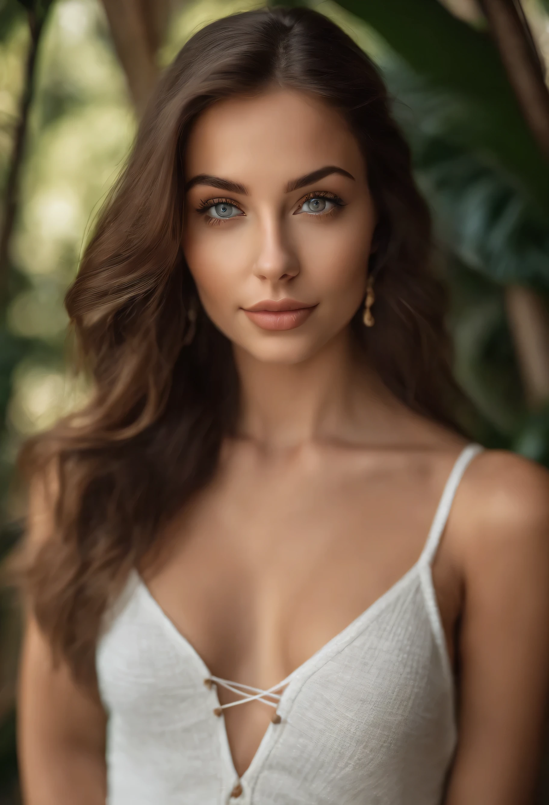 arafed woman at the home wearing casual white dress, sexy girl with green eyes, portrait sophie mudd, brown hair and large eyes, selfie of a young woman, bedroom eyes, violet myers, without makeup, natural makeup, looking directly at the camera, face with artgram, subtle makeup, stunning full body shot, piercing green eyes, beautiful angle, attractive pose, cute girl, sexy pose, headshot photo, photo from the torso upwards, wearing no jewelry