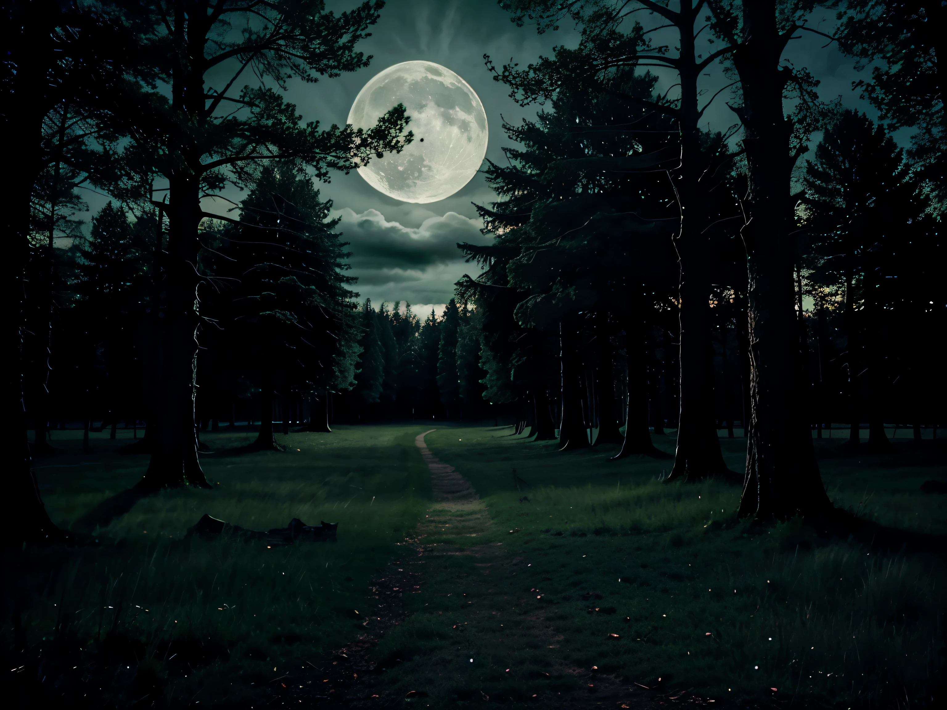 Hyperrealistic spooky style forest setting, moonlight clouds