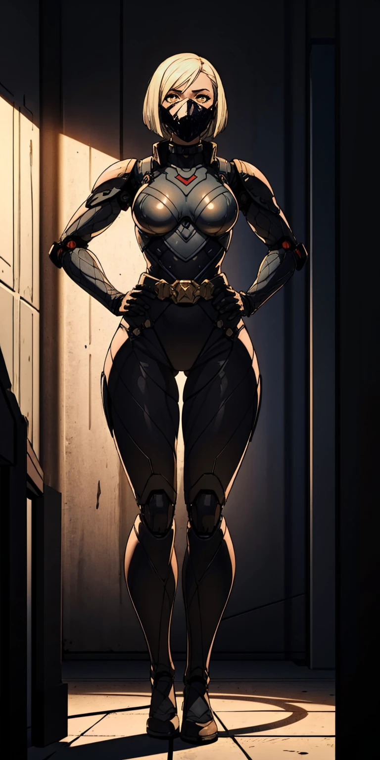 (masterpiece:1.2,high quality), 1girl, ((ultra realistic details)), global illumination, shadows, Unreal Engine, octane render, 8k, ultra sharp, metal, intricate, ornaments detailed, highly intricate details, yellow eyes, (mechanical body:1.2), white hair, (black gas mask), Gear, bob cut, hundreds of wires, Terran, (Robot, android:1.15), Apocalypse, broken buildings, full body, whole body. 1solo (girl). standing, hands on hips full body, whole body. choker, big belt, view from below, feet together, bracers, tiara