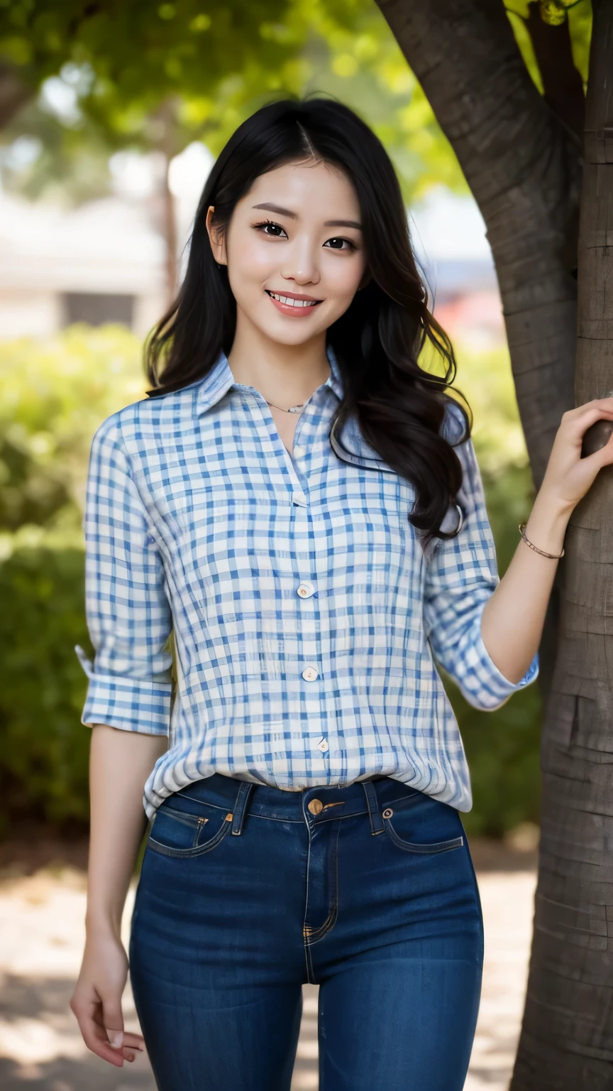 masterpiece, black hair, pure background, beautiful, elegant. Ultra-fine details, masterpieces, realistic textures, realistic cinematic lighting, perfect work, 8k, HD, delicate facial features, full body, Wavy auburn tresses, Casual checkered shirt, Boots, Jeans, Pose on a tree, Natural smile