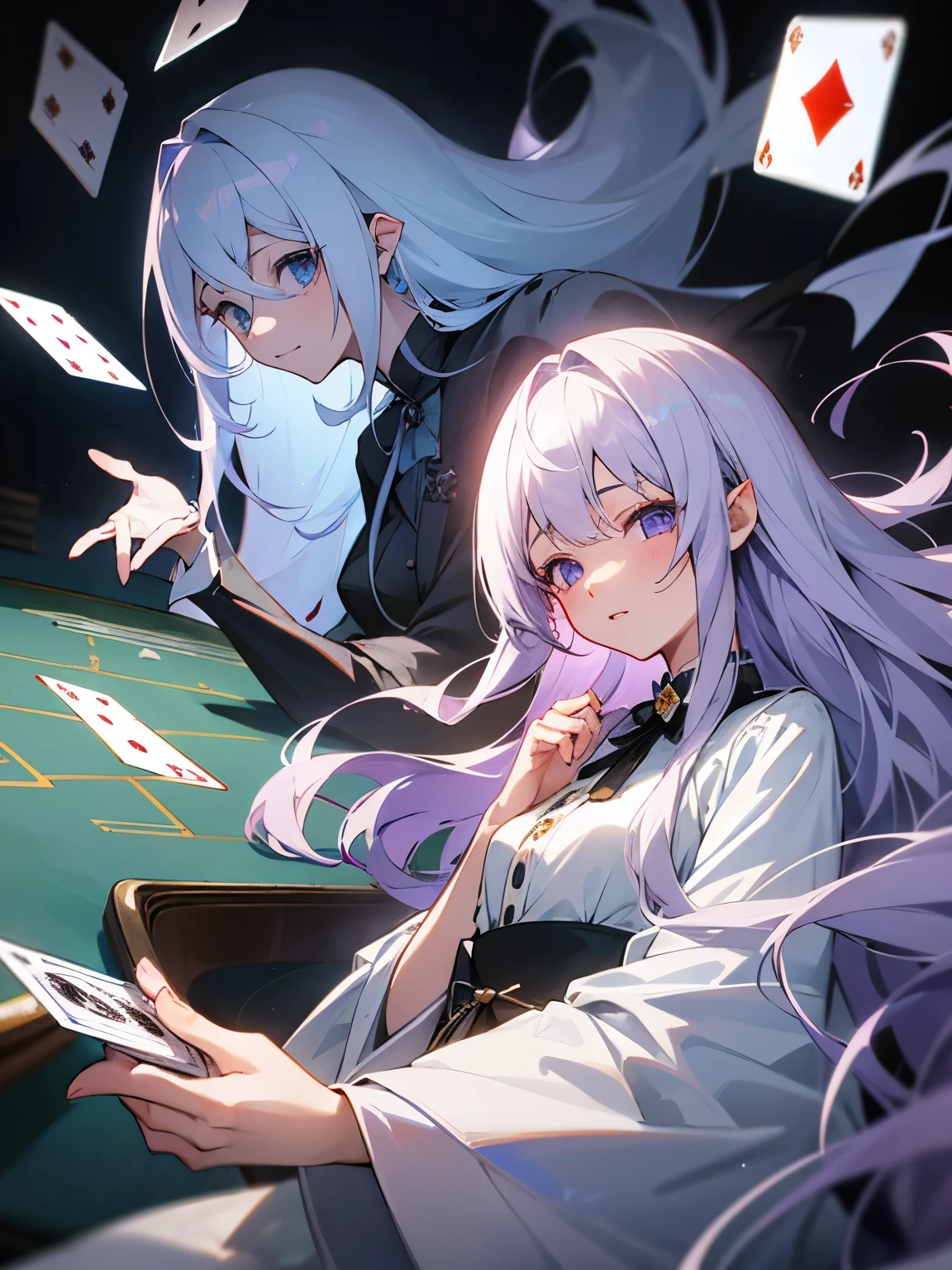 girl、1 person、light purple on the left、white on the rightの髪、The parting at the top of the hair is jagged、straight long hair、casino、use playing cards、Rugged face、white skin、two color hair、subtle smile、be bothered、thin eyebrows、white hair、1 person、The background is a white castle、casino、The parting of the tsumugi is jagged.、Light purple on the left、white on the right、hime cut