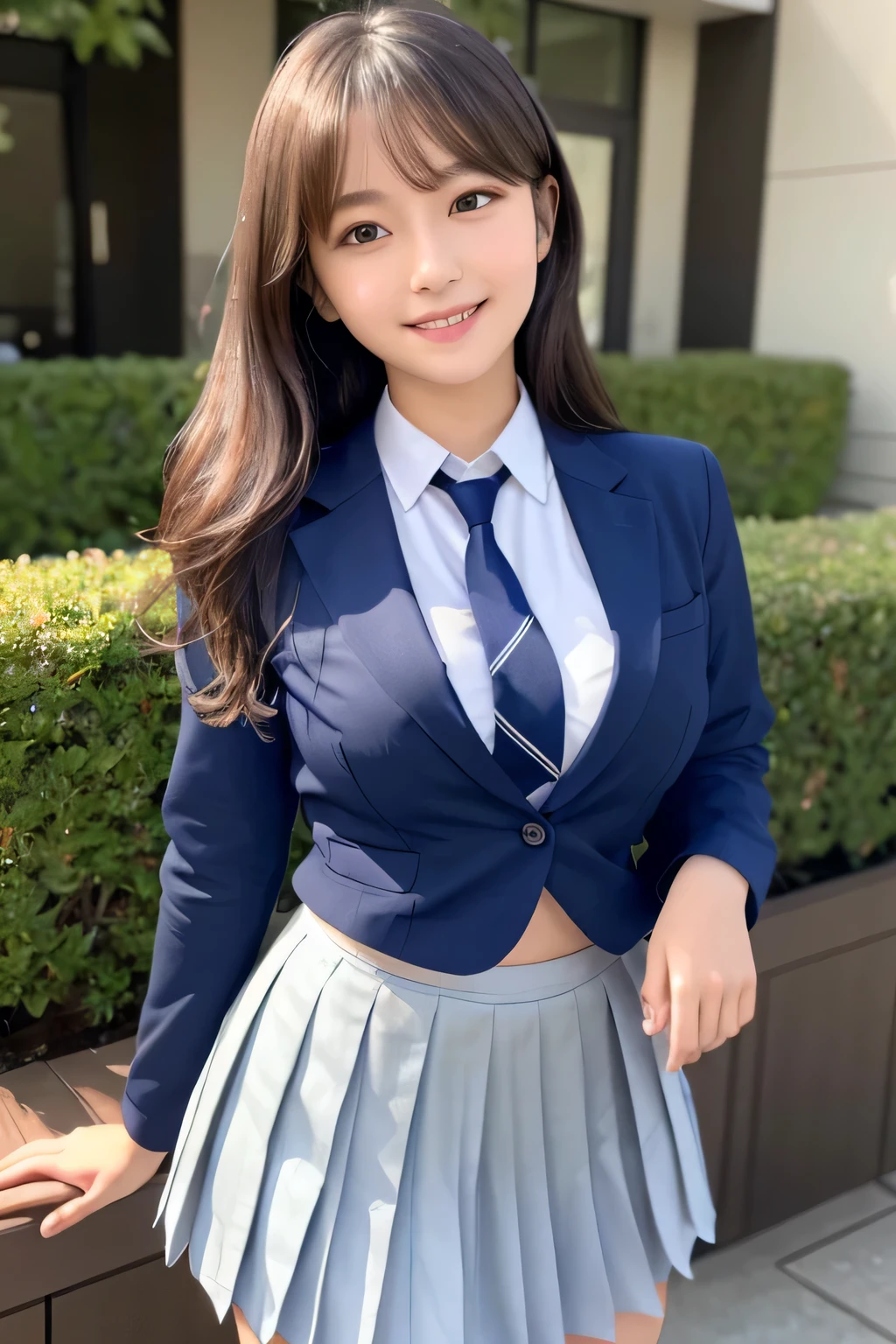 8K, highest quality, real image, intricate details, super detailed, Super high resolution, depth field,(realistic,realistic:1.2),table top , round face、Frontal shot , From the middle , 1 girl, Eye_Chan, very beautiful 17 year old girl, innocent big eyes,、beautiful breasts:1.5、highly detailed eyes:1.2)、(beautiful breasts:1.1)、wavy hair、curly hair、bangs、, perfect skin, Fair skin, cleavage, tight waist, huge breasts、light blush, alone、 (looking at the viewer)、big smile、((School_uniform),(dark blue blazer), (white shirt、Wearing a tie), (gray pleated skirt), (sculpture installation :1.1))