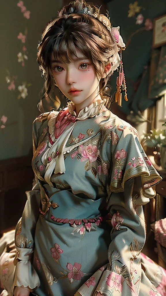 stunning clarity and vivid colors. The luxurious fabric of her frilly outfits, the checked bounds adorning each article of clothing, and the intricately painted lips and rosy cheeks of her porcelain doll-like complexion are all brought to life in this top-quality, high resolution: 16K masterpiece. As she delicately wraps a pastel parasol, the vintage bedroom setting comes alive with its floral wallpaper and soft, aged furniture. The Canon EOS R6: 1.6, equipped with a 50mm lens and an F/1.4 aperture, captures every detail in stunning clarity, from the long dark curls casc
