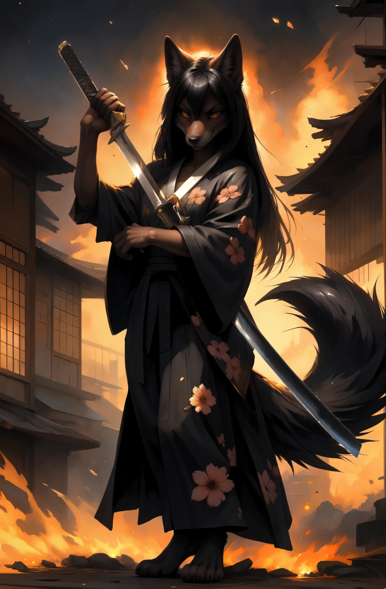 by kenket, by totesfleisch8, (by thebigslick, by silverfox5213:0.8), (by syuro:0.2), katana, steel katana, gold hilt, perfect shiny black blade,