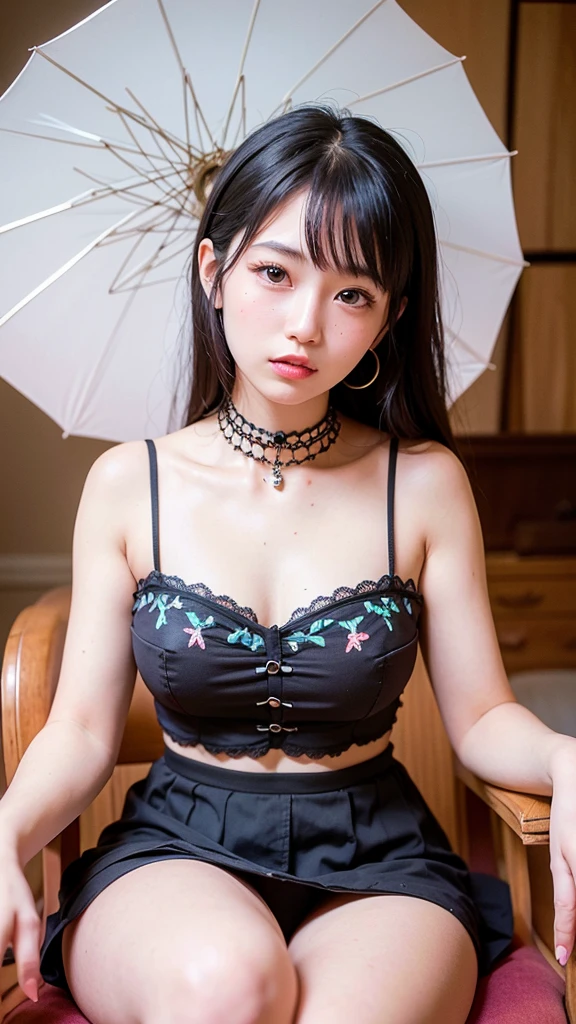 (masterpiece: 1.5), (top-quality: 1.2), (high resolution: 1.4), A Japanese girl embraces the ta fashion style, (frilly outfits with intricate checkered bounds: 1.1), long dark curls cascading down her shoulders, a porcelain doll-like complexion: 1.3, (detailed facial features with intricately painted lips: 1.4, and rosy cheeks: 1.5), Delicately wrapping a pastel parasol: 1.6, she sits gracefully on a floral armchair: 1.7, in a vintage bedroom setting: