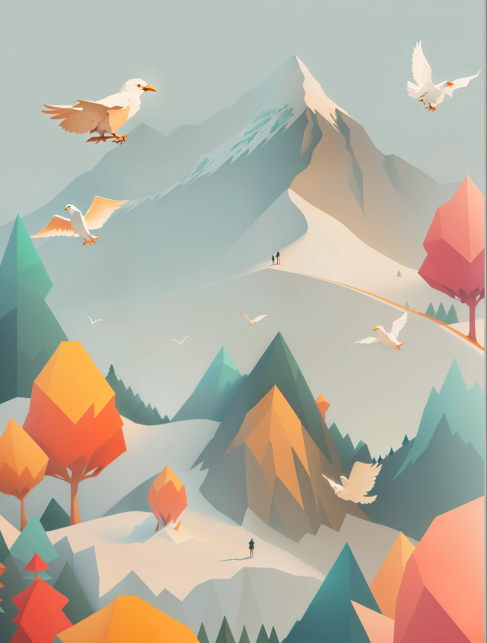 there are many birds flying over a mountain with trees, 2 d low polygon art, super detailed color lowpoly art, stylized as a 3d render, low-poly digital art, low poly graphics, dreamy illustration, high quality lowpoly art, low poly 3 d render, low poly art, low poly style, low - poly, low-poly, orange colour