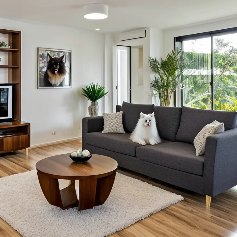Modern living room with luxurious lighting around the room, plantas em estilo de selva urbana decoram o quarto, luxurious and modern furniture, mesa de centro com artesanato, forro de gesso, paredes brancas, grande janelas de vidro, cortinas semi abertas, television, Quadros modernos, vasos com galhos secos decoram os cantos da sala. Elegante
 e luxuoso tapete, ((( a German Spitz dog is sitting looking at the viewer) with his mouth open and his tongue out)))