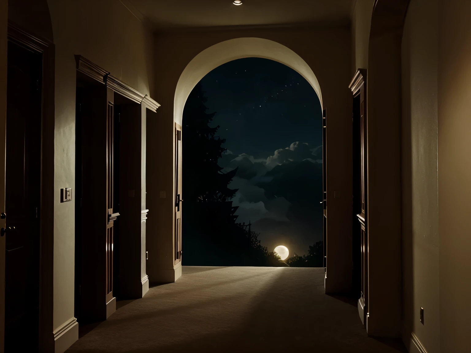 Hyperrealistic spooky style castle hallway setting, moonlight clouds