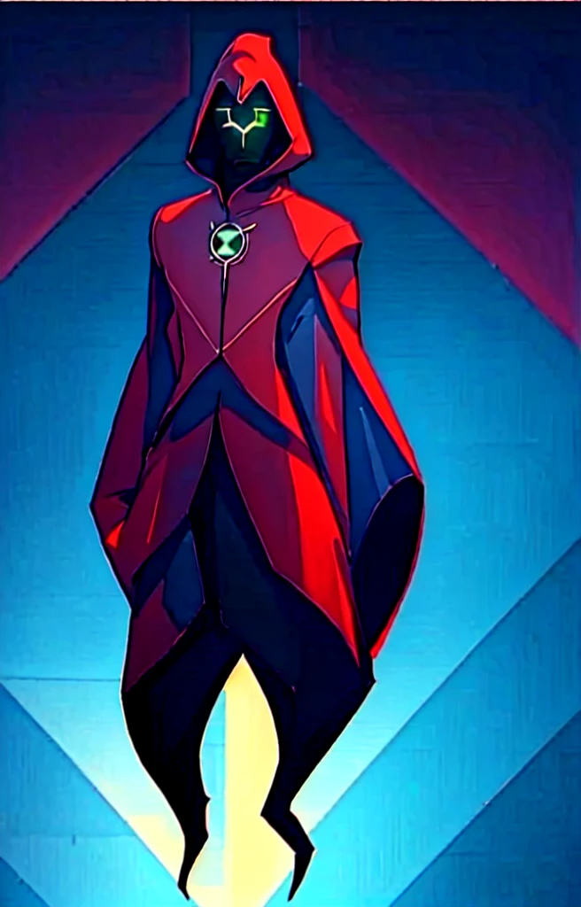 ((( Man wearing cloak))) ( indigo cloak as in controlnet image:1 with black lines), face visible, green eyes. Symbol on chest, visible hands, human anatomy