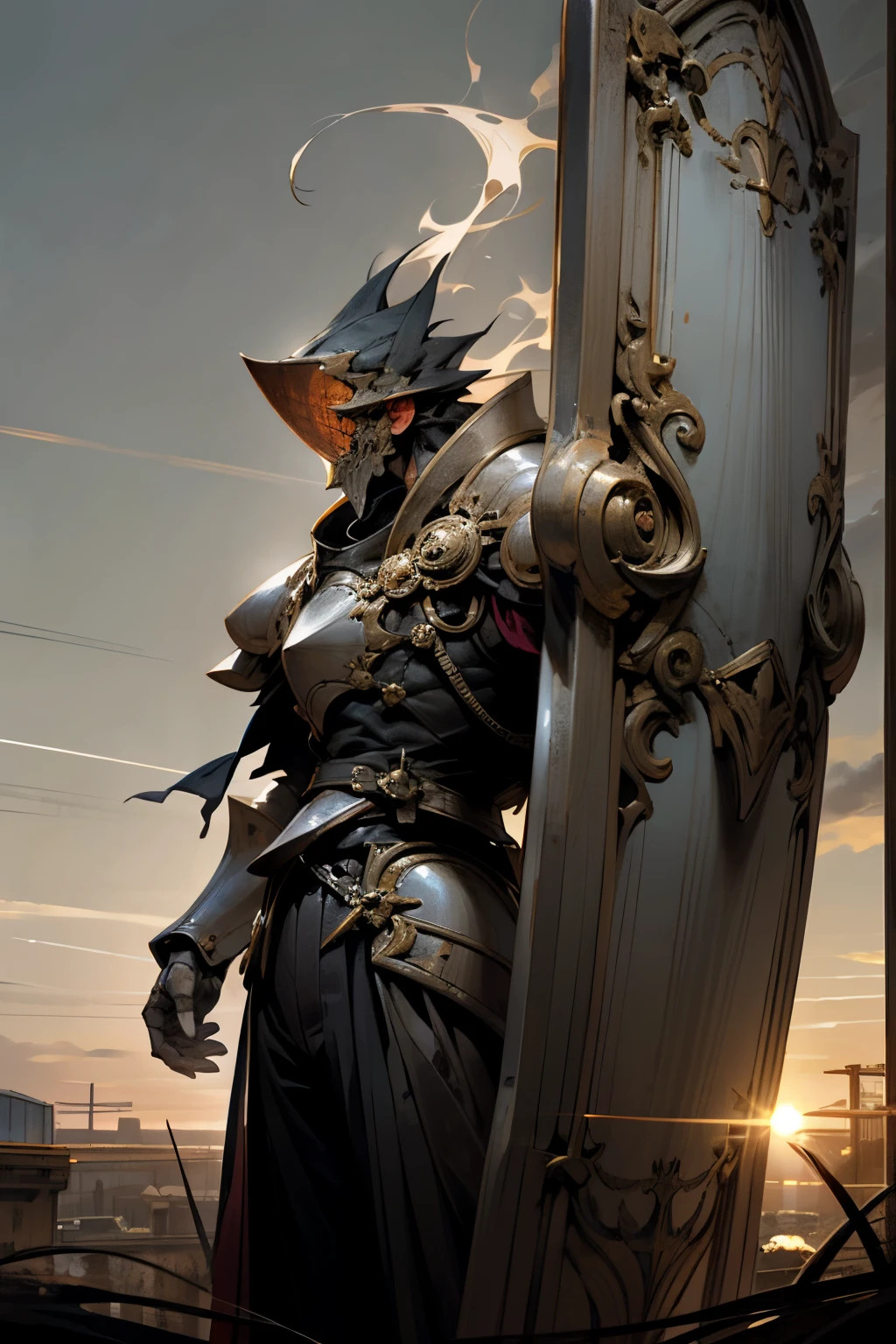 Massive shield in hand, the tankmaster knight stood firm and proud, his expression unreadable behind his visor. The sun set behind him, casting an orange glow over the battlefield. A sudden commotion came from the distance, and the knight braced himself, keeping his mouth shut and avoiding the gaze of onlookers as he prepared for the impending battle. His suit of armor shimmered in the fading light, the intricate details of his clothes visible even from a distance. Despite his massive shield and intimidating appearance, the knight was blushing slightly, feeling the weight of expectations on his shoulders.