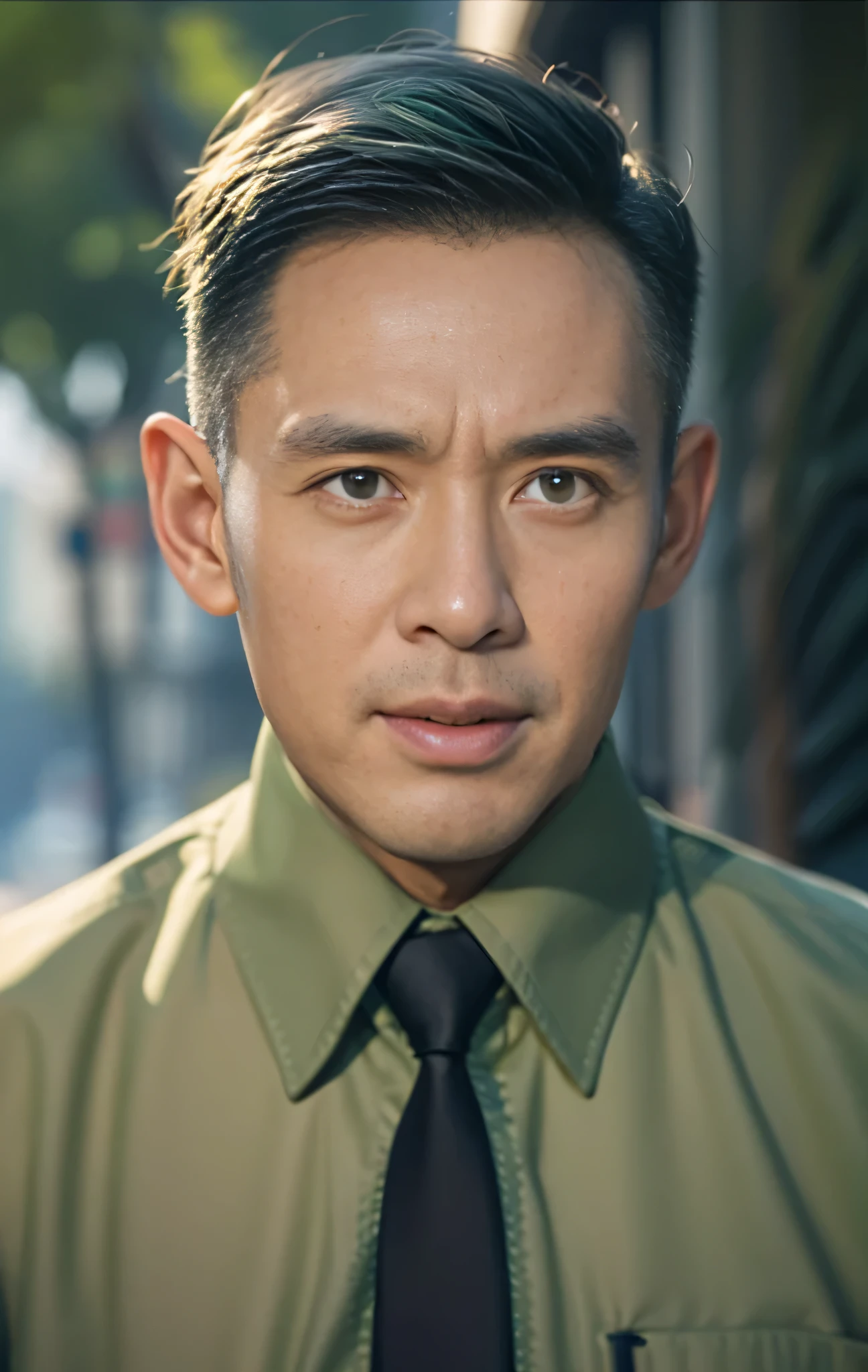 Highly realistic photo, ((masterpiece), (best quality), (raw photo), (photorealistic:1.4), Portrait of Vietnamese man, 60 years old, ((gray hair)), ((wearing a green shirt)) , ((dark green background)) , photo taken by Sony A7IV