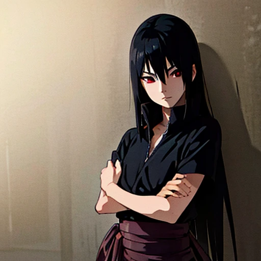 masterpiece, best quality, Super detailed, illustration, Uchiha sasuke，Black-haired, black-eyed transvestite，eyes empty，Long hair and waist，straight hair，petite，black eyes