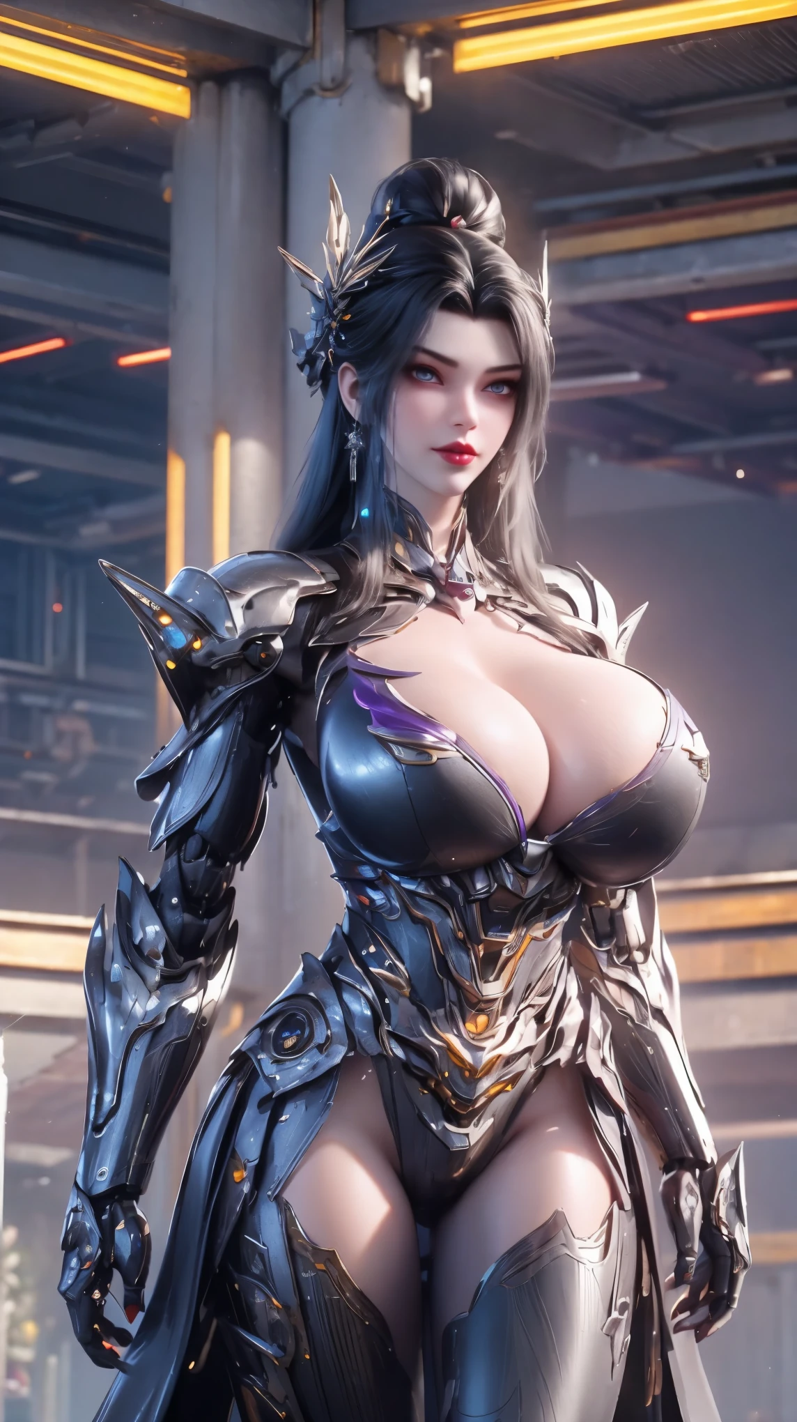 (HYPER-REALISTIC:1.5), AI GIRL GRNERATOR (BEAUTY BLACK HAIR,PHOENIX GOLD HELM:1.1), (SWEATY GIGANTIC FAKE BREAST:1.5), ((CLEAVAGE:1.5)), (MUSCLE ABS:1.3), (PURPLE SHINY FUTURISTIC MECHA CYBER CROPTOP, BLACK MECHA SKINTIGHT LEGGINGS,POTRAIT:1.5), (VOLUPTUOUS BODY MATURE WOMAN:1.1), (LOOKING AT VIEWER:1.3), (female focus:0.8), (POSE STANDING,HALLROOM OF FUTURISTIC SPACE STATION:1), (BRIGHT LIGHT WHITE_ROOM:1.3), HYPER TEXTURE, (4X MSAA), ((UNREAL ENGINE 5 RENDER)), PHYSICALLY-BASED RENDERING, ULTRA HIGHT DEFINITION, 16K, 1080P.