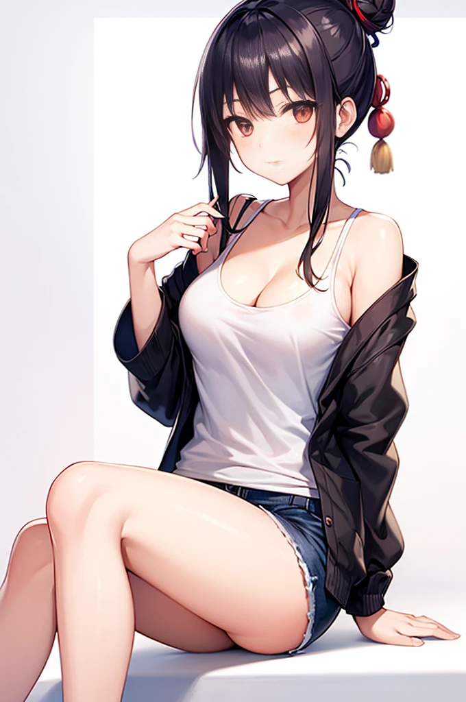 (((best quality, High resolution, japanese manga))) , red eyes, 1 girl, alone, looking at the viewer, topknot,hair bun, black hair, long sleeve, cleavage, medium breasts, closed mouth, clavicle, white tank top, open jacket, black jacket, shorts,Expressionless,Two-dimensional beautiful girl,Japan anime beautiful girl,Tie your hair with a red string