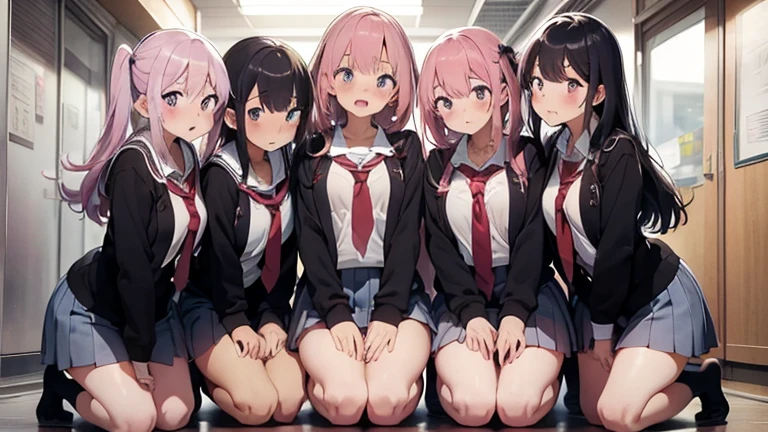 mastute piece,Best Quality,insanely detailed,
3girl,3girls line up,3girls on all-fours,3girls raise butts,3girls look at front,side by side,(school uniform,top-less,bottom-less,breasts out,no skirt,no bra,no panties,bare breasts),open clothes,blush,shy,ecstacy face,all girls pink hair,perfect breasts,perfect nipple,open mouth,school hallway,
1man,man stands behind girl in the center,man right hand touches butt of girl on the right,man left hand touches butt of girl on the left,