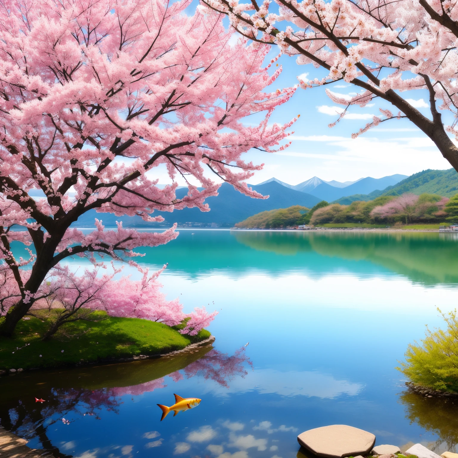 sakura tree, with a lake aside, fish jumping out of it