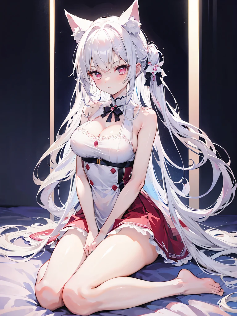 big breasts,突出big breasts,突出裸露的big breasts,Wearing maid outfit,blush, surprise,look at me,red pupils,Lace tights,beautiful hair、 beautiful eyes、 beautiful skin、beautiful legs、beautiful arms、perfect fingers、 very cute,white hair, long hair,white cat ears, white cat tail,best quality,high resolution,top quality、 looking at the audience,sitting,kneeling&Place on the bed,Knees together,internal figure eight,pink bows,slender eyebrows,hair slightly moist,On a very large white bed, white pillows,perfect waist,Skirt has cutouts at the end,Pouting,The clothes are a little wet,little girl,very young,18 years old,shy smile,Long messy white hair tied up,tempting pose,chiaroscuro,bare shoulders,Naked room,slit sleeves,There are a few drops of water on the breast,bare legs,barefoot,Ray tracing,disdainful expression,Lift up the skirt a little,Beautiful girl alone,Most of the body is exposed