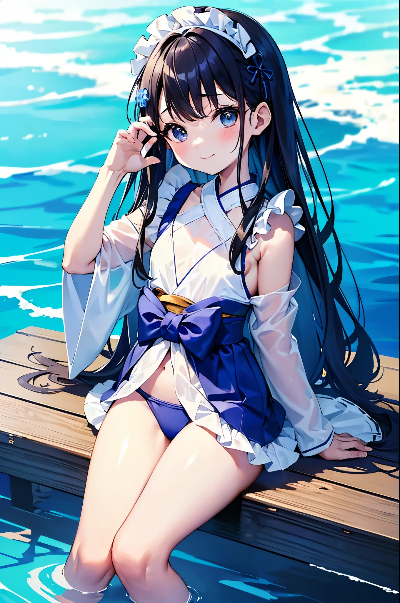((masterpiece、4K、8K、highest quality: 1.perfect fingers: 1.perfect anatomy: 1.3、background blur))、((Super precise expression))、((kimono maid swimsuit)):1.5、((、small face、super beautiful girl、straight long hair))、beautiful eyes:1.1、smile、(model pose)、blue sky、mansion by the sea、Poolside、white sand beach、grass、