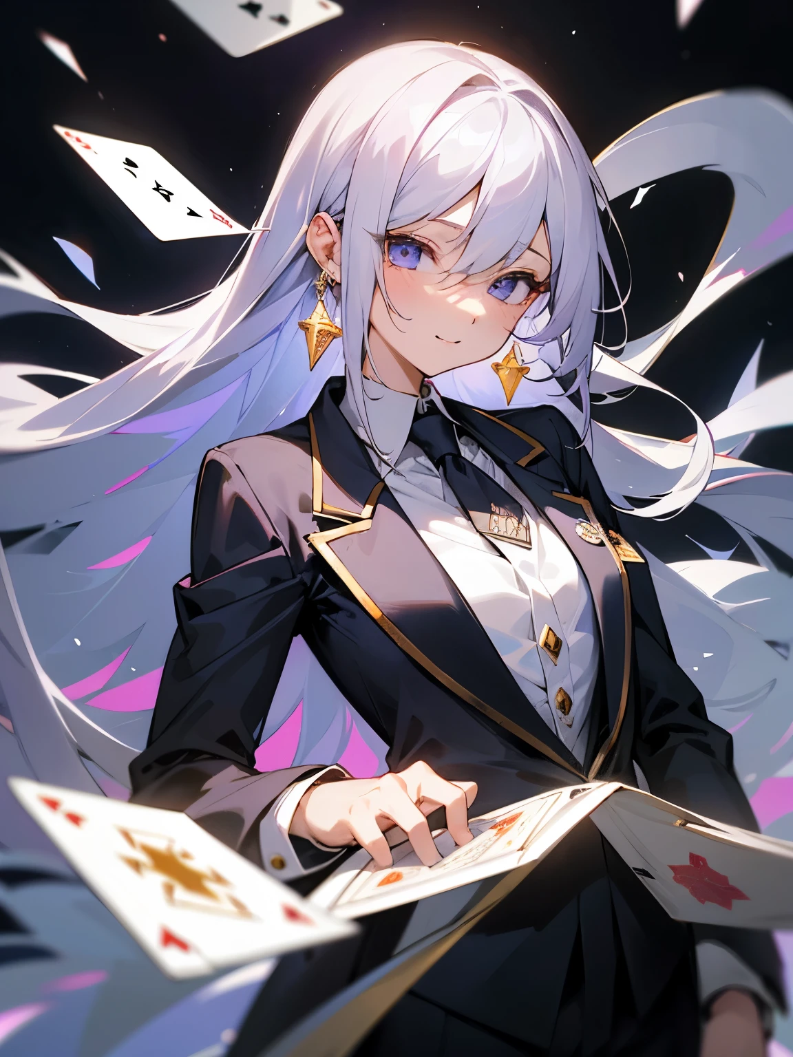 girl、1 person、light purple on the left、white on the rightの髪、The parting at the top of the hair is jagged、straight long hair、casino、use playing cards、Rugged face、white skin、two color hair、subtle smile、be bothered、thin eyebrows、white hair、1 person、The background is a white castle、casino、The parting of the tsumugi is jagged.、Light purple on the left、white on the right、hime cut、wide tie and tuxedo coat、golden tip、Black suit pants、1 person、girl、adult、white hair、large golden earrings with inverted triangles、