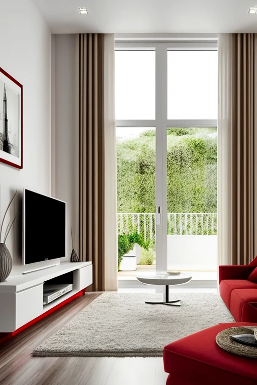 Very furry white color Akita dog with red bandana around the neck in a modern living room with luxurious lighting around the room, plantas em estilo de selva urbana decoram o quarto, luxurious and modern furniture, mesa de centro com artesanato, forro de gesso, paredes brancas, grande janelas de vidro, cortinas semi abertas, television, Quadros modernos, vasos com galhos secos decoram os cantos da sala. Elegante e luxuoso tapete