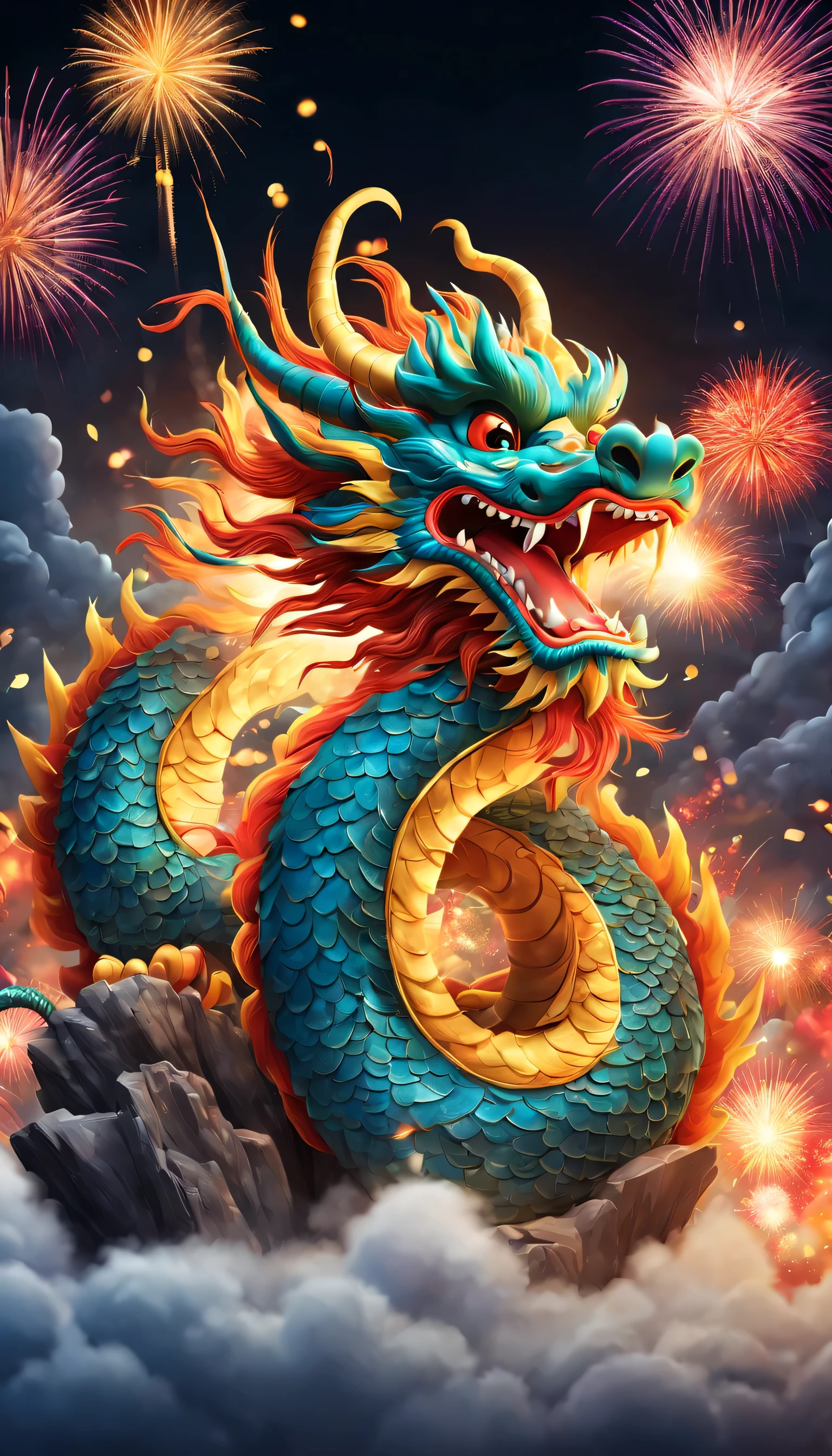 Festival poster: New Year, mascot: Cartoon Chinese Dragon,background: a grand display of fireworks illuminates the sky,(best quality,4k,highres,masterpiece:1.2),ultra-detailed,(realistic,photorealistic,photo-realistic:1.37)