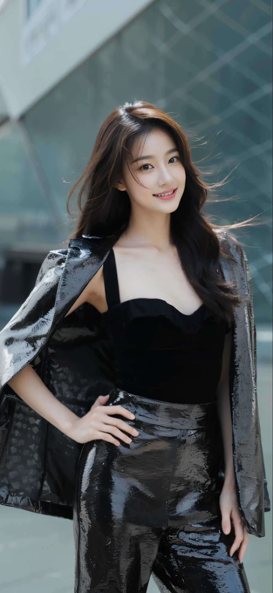 ((Masterpiece, Top image quality, high resolution、alone、shiny skin))(on the table, best quality, actual, super detailed, meticulous, high resolution, 8k wallpaper), Close-up portrait of a beautiful woman, Chariada, smiling, light brown messy hair, Perfect dynamic composition, 美丽meticulous的眼睛, Just like the cover of a fashion magazine, on campus