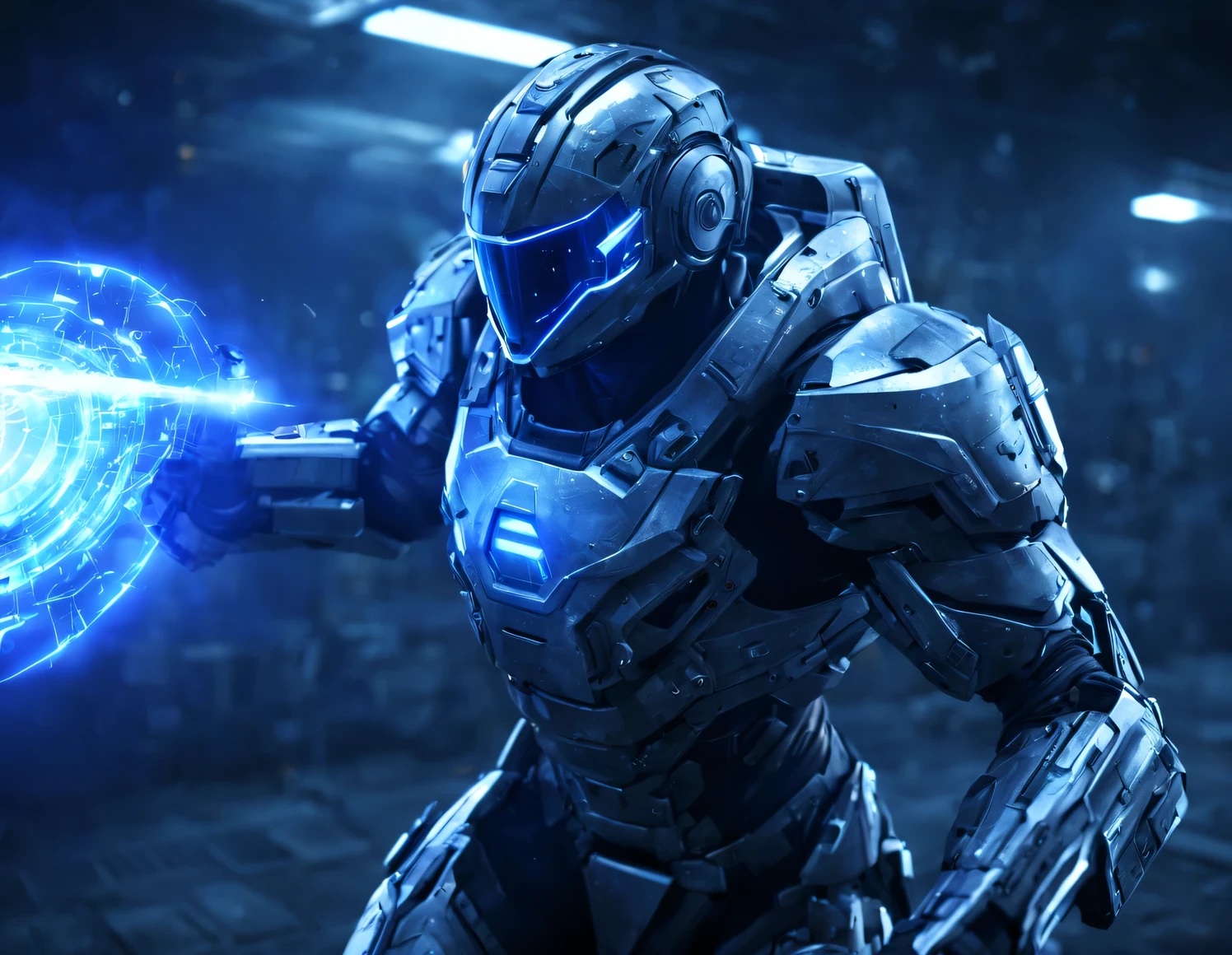 cyber warrior reflects an attack with a transparent energy shield, воин-киборг protected by an energy shield, protected by a transparent shield, tense dramatic atmosphere, Action Scene, cinematic frame, night, battlefield - spaceship compartment, dim lighting, cyborg warrior in motion, protected by an energy shield, Maximum realism, high detail