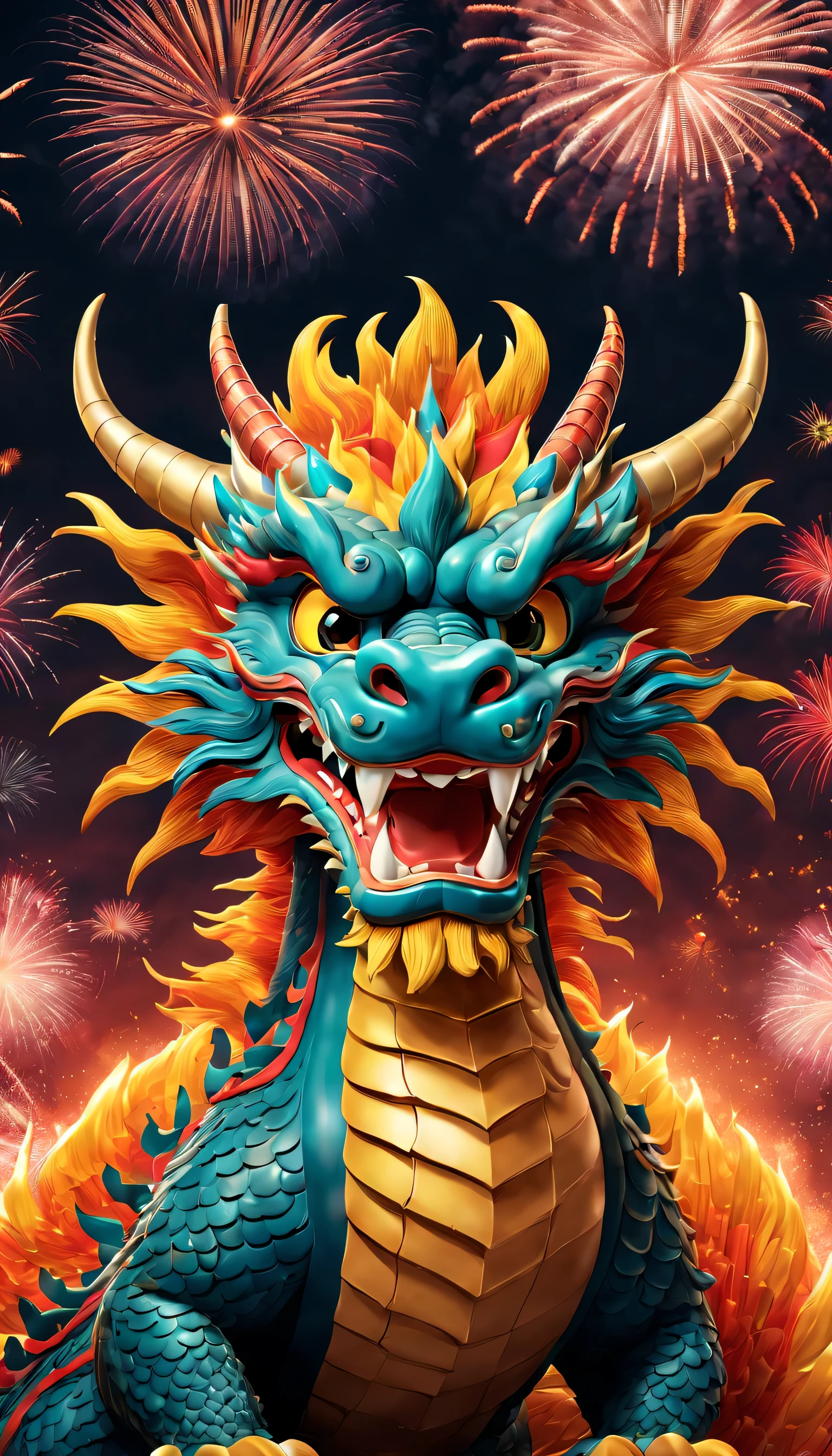 Festival poster: New Year, mascot: Cartoon Chinese Dragon,background: a grand display of fireworks illuminates the sky,(best quality,4k,highres,masterpiece:1.2),ultra-detailed,(realistic,photorealistic,photo-realistic:1.37)