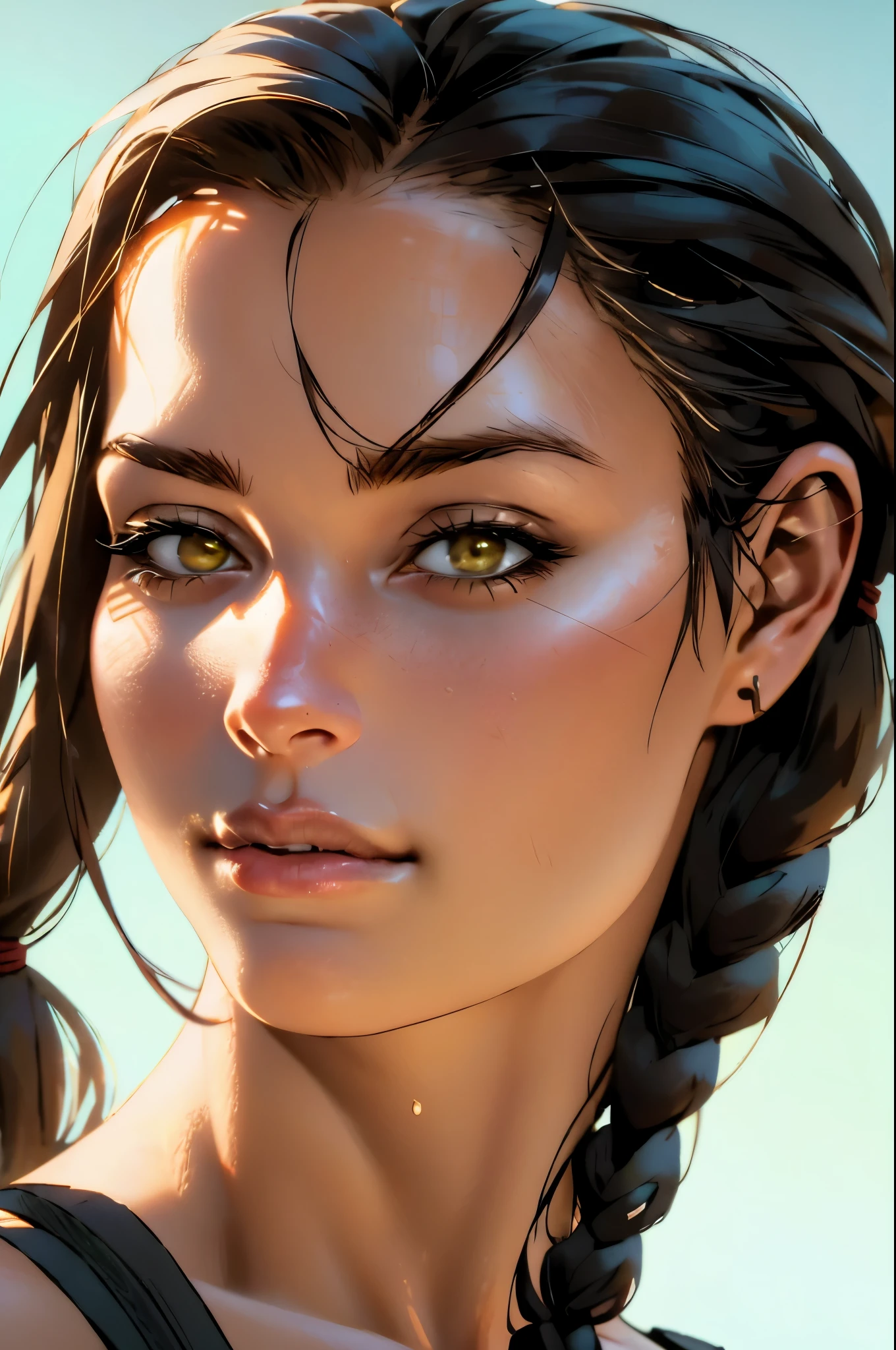 nijistyle, portrait of lara croft, particleackground