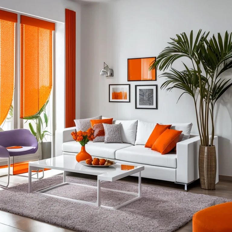 ((( color white red orange gray lilac, interagindo com
Sala de estar moderna))), with luxurious lighting around the room, plants in the urban jungle style decorate the room, luxurious and modern furniture, mesa de centro com artesanato, forro de gesso, paredes brancas, grande janelas de vidro, cortinas semi abertas, Tv, Quadros modernos, vases with dry branches are decorating the corners of the room. Elegante
e luxuoso tapete,
