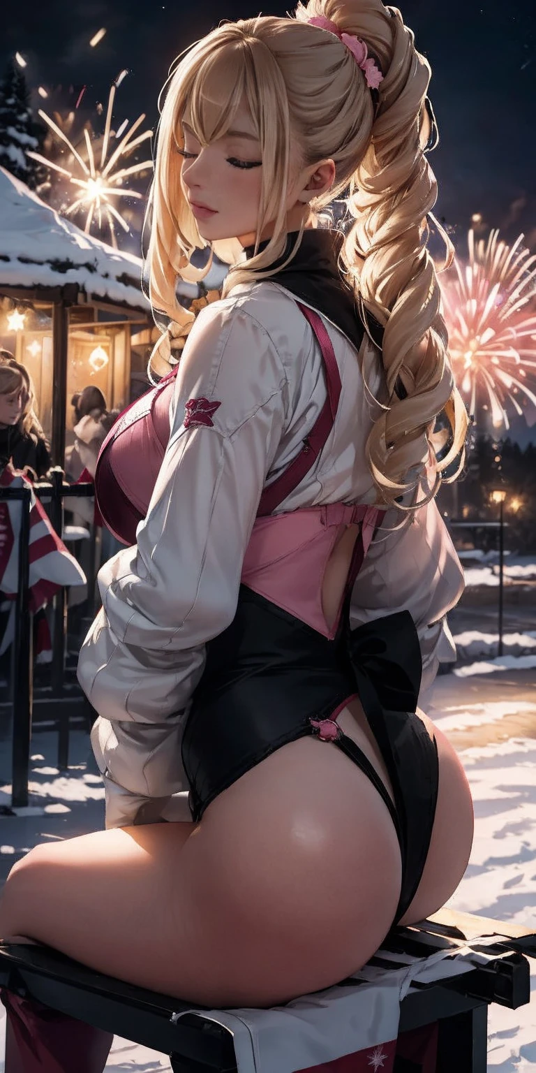 (((masterpiece))), (1girl:1.5), hyper detailed, highres, ((best quality)), (extremely delicate and beautiful), {8k cg wallpaper}, illustration, (blush), (braided ponytail | ponytail | hairbun), (extremely detailed background:1.6), (very long black hair|blonde hair), detailed face, night, festival, outdoors, lantern, (fireworks:1.4), paper lantern, snow, wind, snowflakes, hair ornament, closed eyes, (from behind:1.3), sitting, river, riverbank, starry sky, (holding hands:0.6), leaning on person, showing pink thong, nice ass