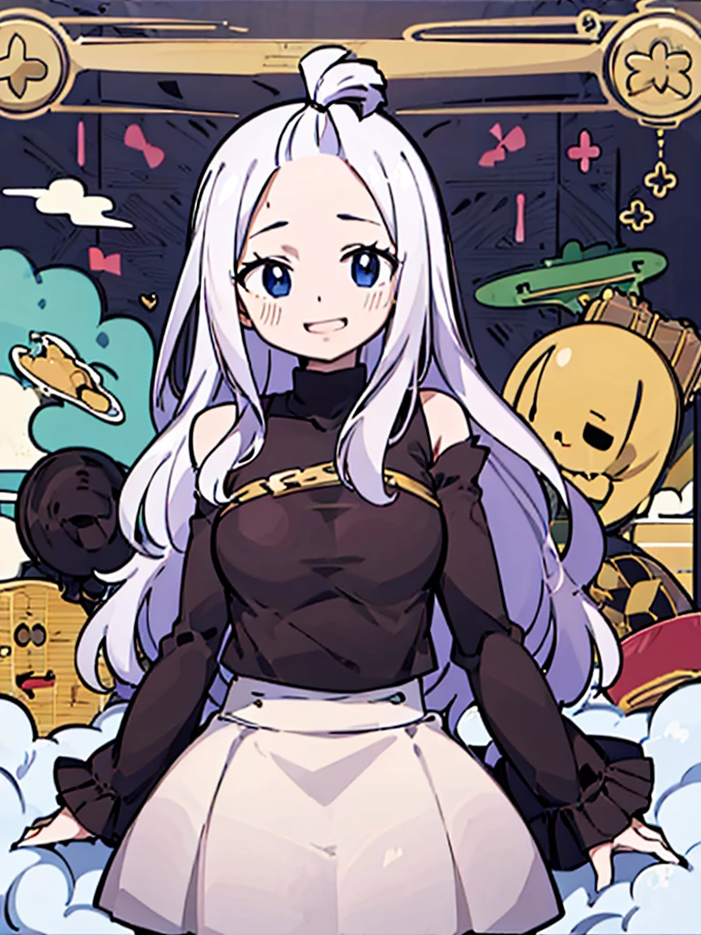 chibi upper body big head laugh character traits, white hair, Name mirajane strauss