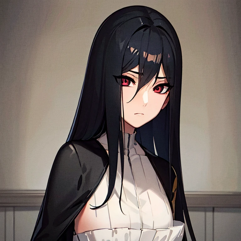 masterpiece, best quality, Super detailed, illustration，Black-haired, black-eyed transvestite，eyes empty，Long hair and waist，straight hair，petite，black eyes，Feminine，black eyes