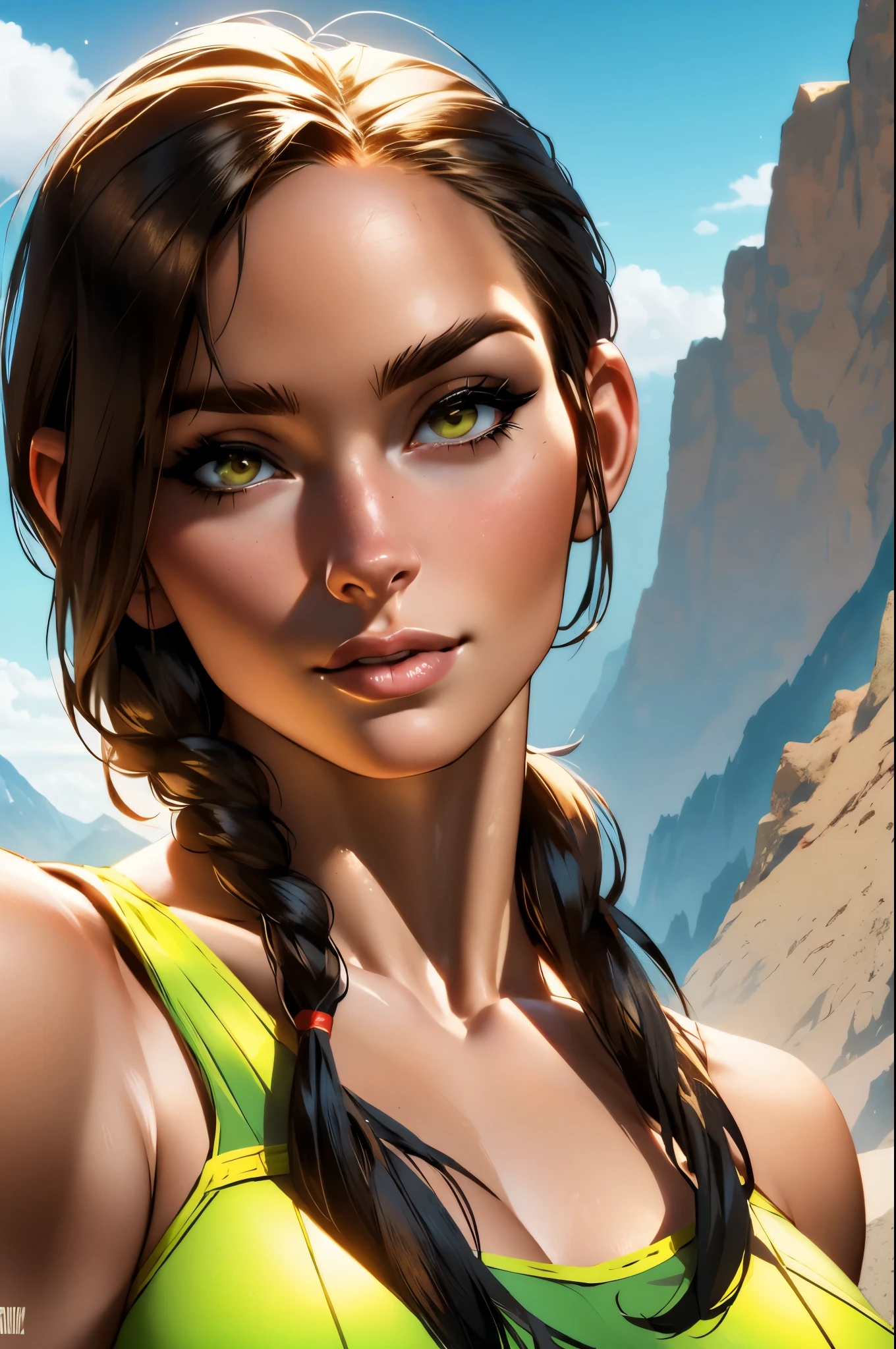 nijistyle, portrait of Alison Tyler as lara croft, top of mountain, particleackground 