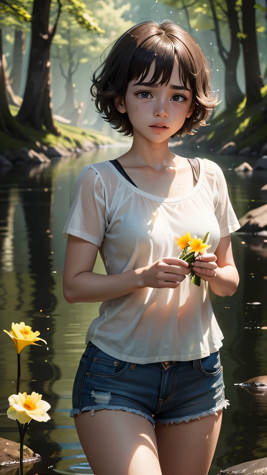 top quality, masterpiece, ultra high resolution, (photoreal: 1.1), , Holding a daffodil with both hands, crying sound, RAW photos, one girl, medium short hair, Short sleeve t-shirt, black tshirt, shorts, crying sound, from helping, cinematic lighting, a little sweat, sparkly skin ,beautiful and delicate face, In the woods, Lake Background, beautiful delicate eyes , (realistic, photo realistic:1), Awards, super beautiful, (victorian)